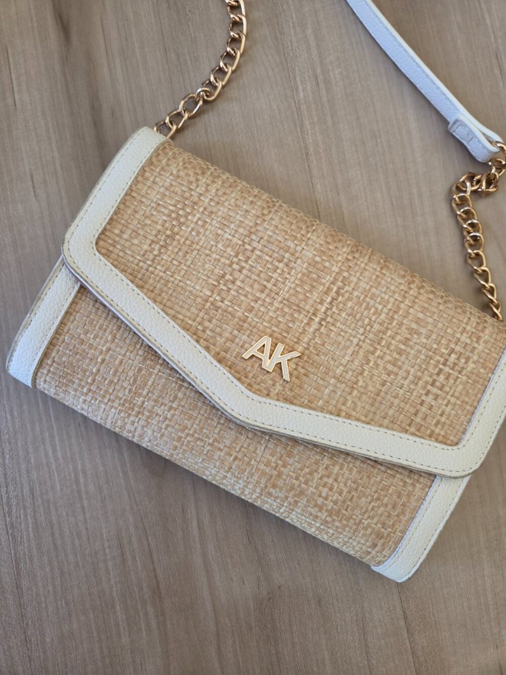 Anne Klein Woven Straw Leather Trim Crossbody Bag with Gold Chains Beige